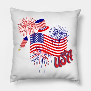 USA Waving Flag Fireworks Patriotic Collage Pillow