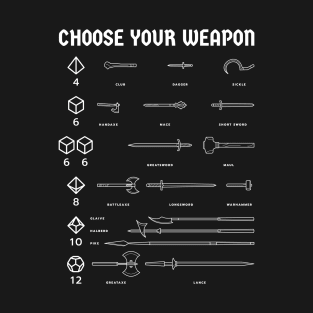 Choose your weapon, roleplayer! (white design) T-Shirt