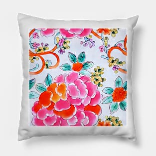 Pink and orange chinoiserie roses and leaves seamless pattern Pillow