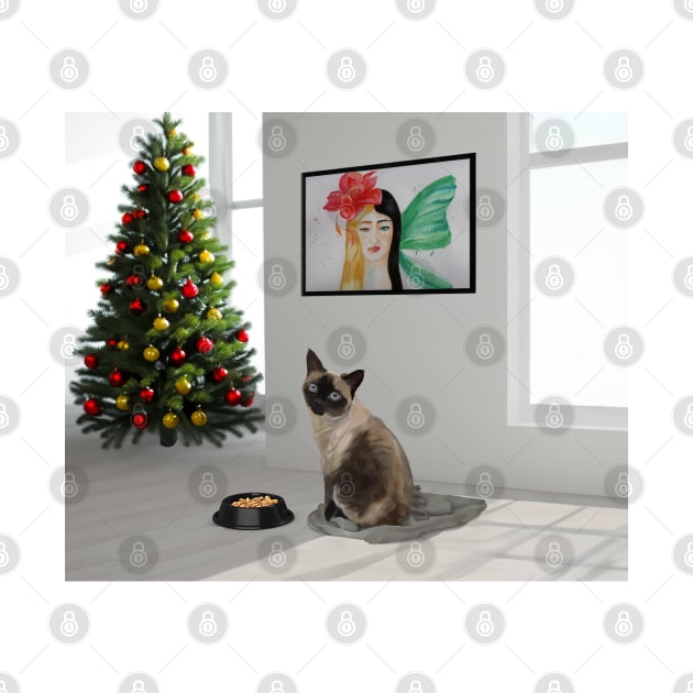 Siamese cat sitting in the white room with food and Christmas tree by Ammi