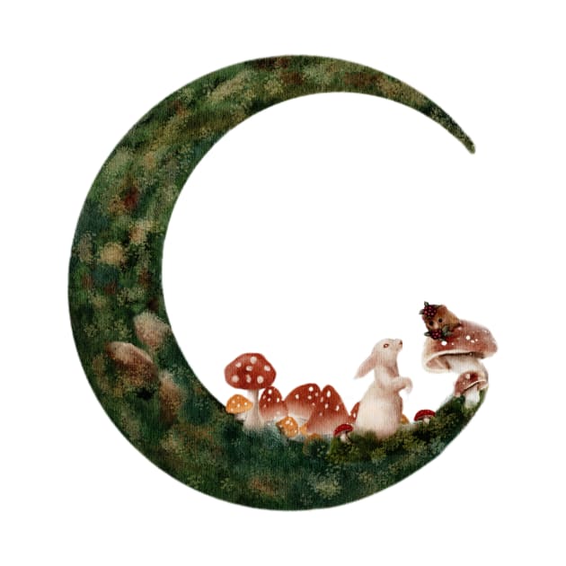 Spring Moon Cottagecore water color Mushrooms Forest White Rabbit and Baby Mouse by penandbea