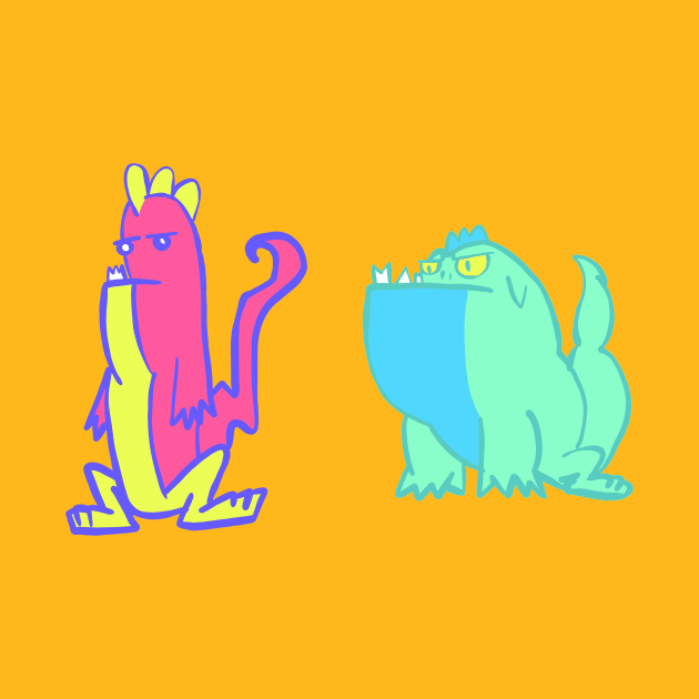 Dino Duo: Pink, Yellow, Blue, and Turquoise Dinosaurs by Arteus 
