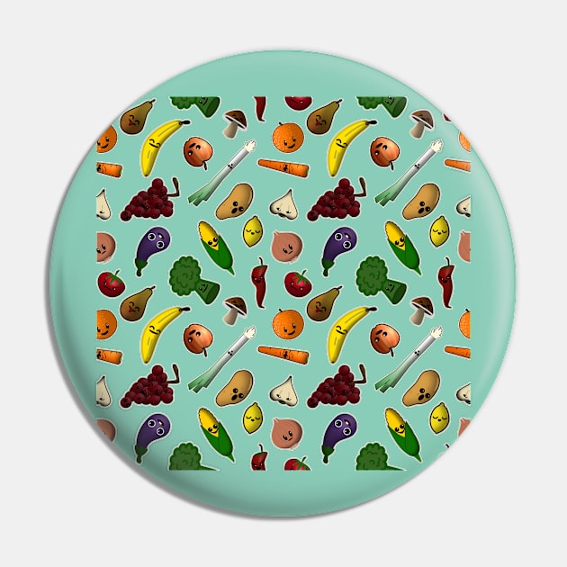 Kawaii Cute Fruits and Vegetables Pattern Pin by Mewzeek_T