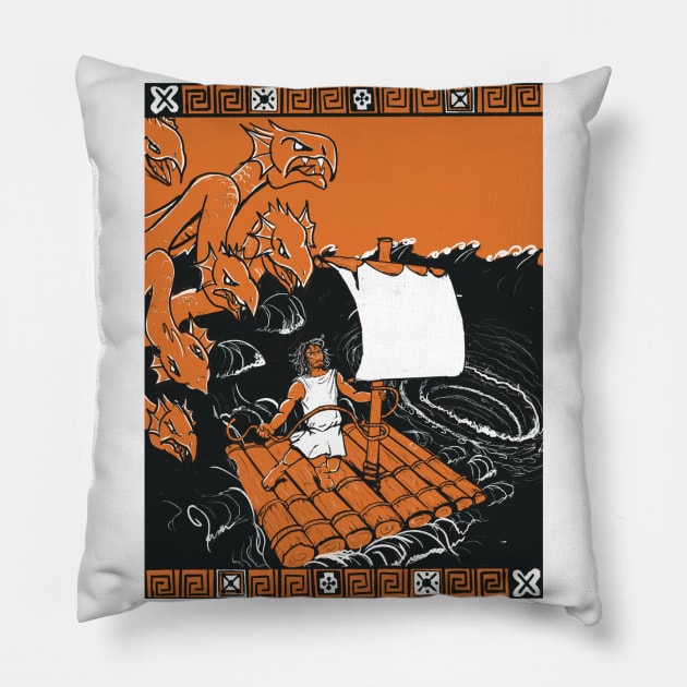 Odysseus vs Scylla and Charybdis Pillow by kktibbs