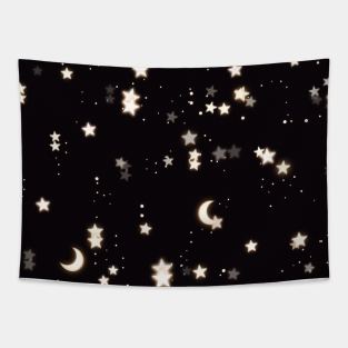 Sparkly moon and stars in black dark night Tapestry