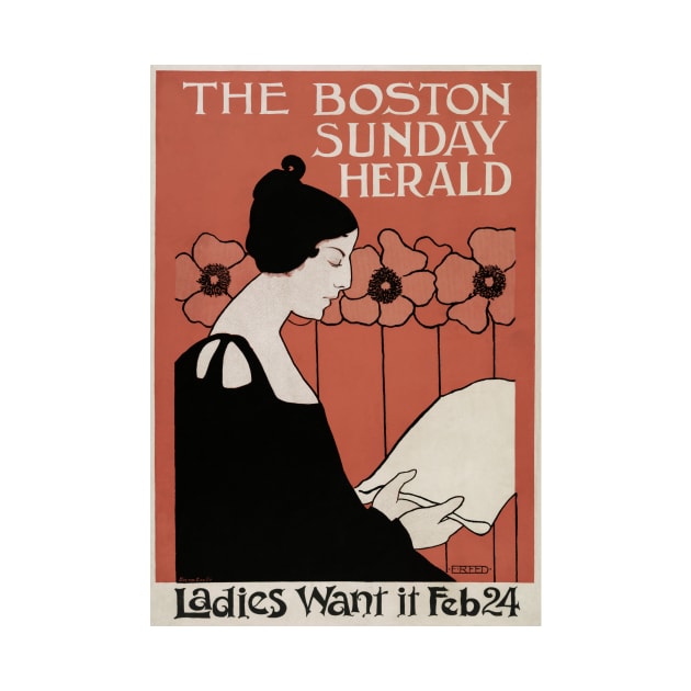 The Boston Sunday Herald vintage poster of a woman reading a newspaper in art nouveau style, by Ethel Reed. by Veiovis