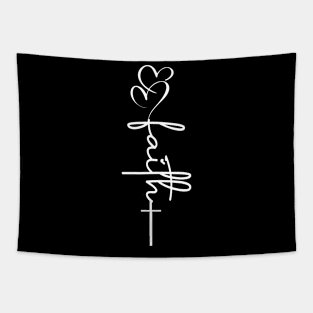 Faith Hearts & Cross White Typography Tapestry