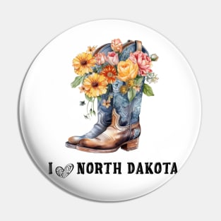 I Love North Dakota Boho Cowboy Boots with Flowers Watercolor Art Pin