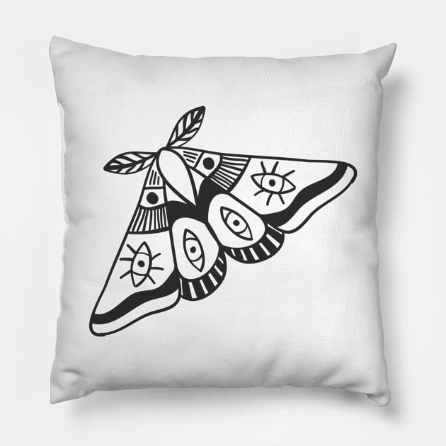 Mystic Moth Butterfly Black Pillow by MinimalLineARt