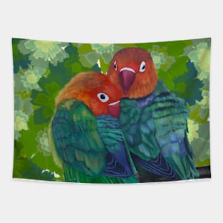 Two Lovebirds on a Floral background Tapestry