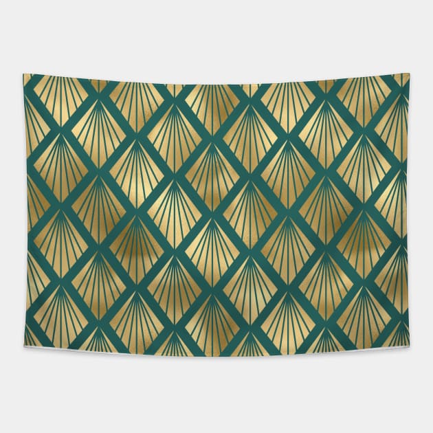 Teal and Gold Vintage Art Deco Diamond Fan Pattern Tapestry by podartist