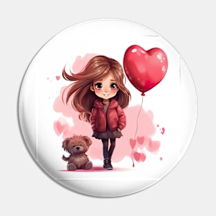 Cute girl and puppy with valentines balloon Pin