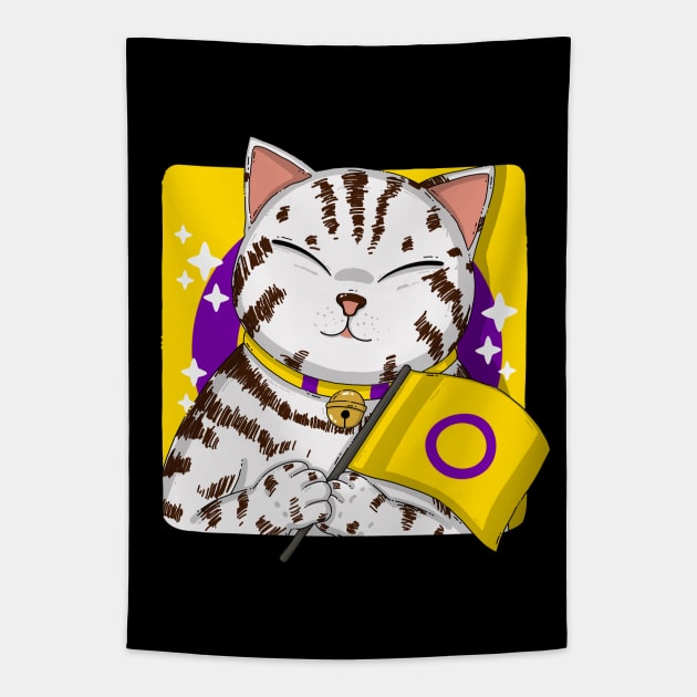 American Shorthair Cat Holding Intersex Pride Flag Tapestry by Japanese Neko