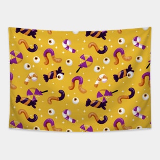 Candy Cane Gummy Worms Eyeball Halloween Cute Spooky Fun Creepy Pattern Design Tapestry