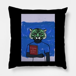 Expressive Male Character with Animal Mask and Green Eyes Reading a Blue Book Pillow