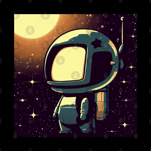 Cute little vintage cartoon astronaut with jetpack in space by TomFrontierArt