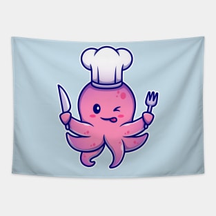 Octopus Chef Holding Knife And Fork Cartoon Tapestry