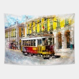Lisbon Portugal Street Tram Amazing European city Abstract Watercolor Art Style Tapestry