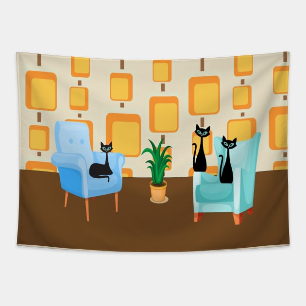 Black Cats Perched in Fifties Living Room Tapestry by Lisa Williams Design