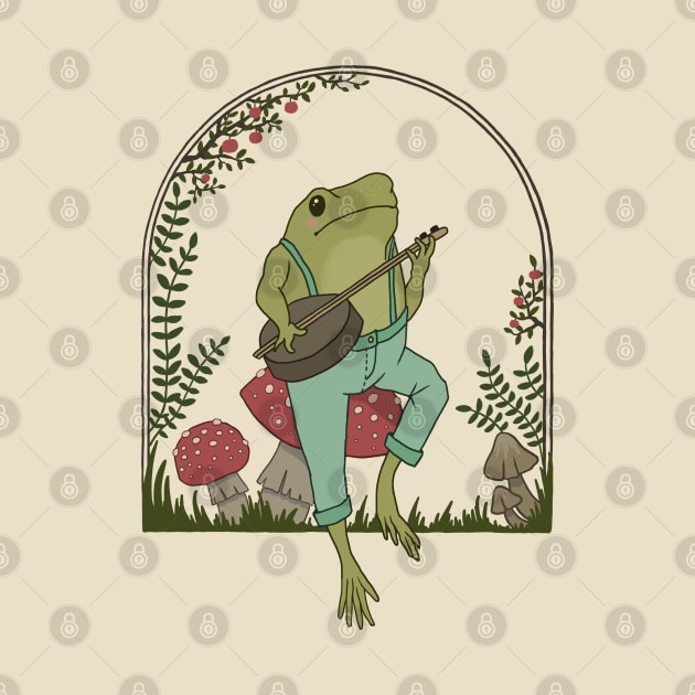 Cottagecore Aesthetic, Cute Frog Playing Banjo on Mushroom, Goblincore Mushroom Lover by Ministry Of Frogs