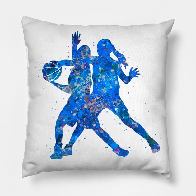 Basketball Girl Dribble - Blue Pillow by Yahya Art