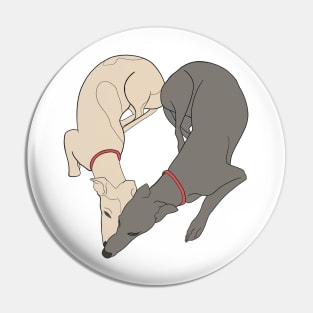 Adorable Greyhound dog design shaped in a heart with the word love inside, with a grey and a fawn greyhound with red collar details Pin