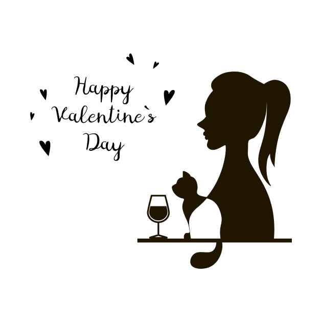 Happy Valentine`s Day female silhouette with the silhouette of a cat and a glass of wine by satinrain