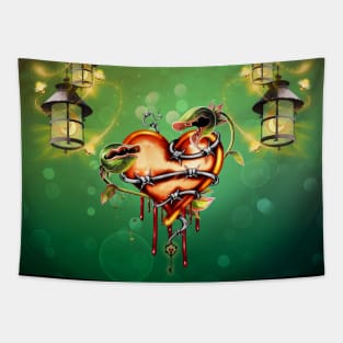 Heart with Barbed Wire and fantasy flowers Tapestry