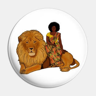 Proud African Afro Woman with Lion and Kente Pattern Pin