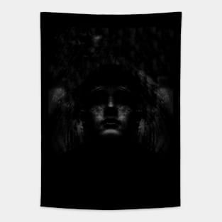 Portrait, digital collage, special processing. Dark, strong. Guy face looking up high. Fantasy. Grayscale. Tapestry