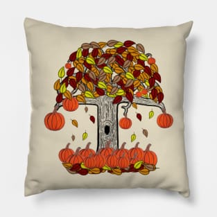 Simple Dark Tree With Pumpkins and Falling Leaves Pillow