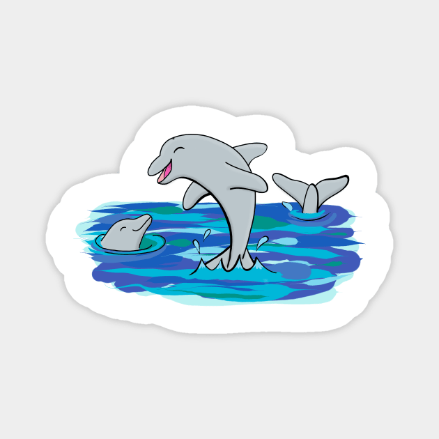 Cute happy dolphins playing cartoon Magnet by FrogFactory