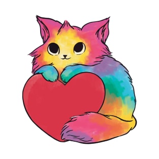 cat in watercolor rainbow colors holding a heart T-Shirt