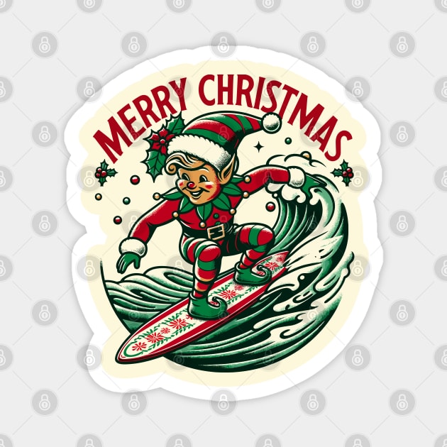 Surfing Elf Retro Christmas Cheer Magnet by The Tee Bizarre