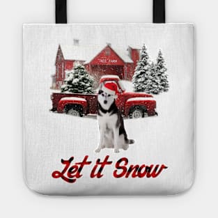 Husky Let It Snow Tree Farm Red Truck Christmas Tote