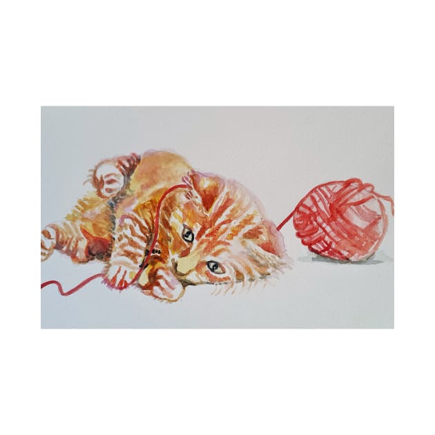 Ginger Tabby Cat Watercolor Playing with Wool by SarahRajkotwala