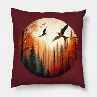 Low Poly Autumn Forest Treetops with Birds Pillow