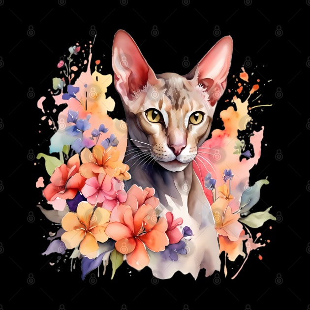 An oriental shorthair cat decorated with beautiful watercolor flowers by CreativeSparkzz