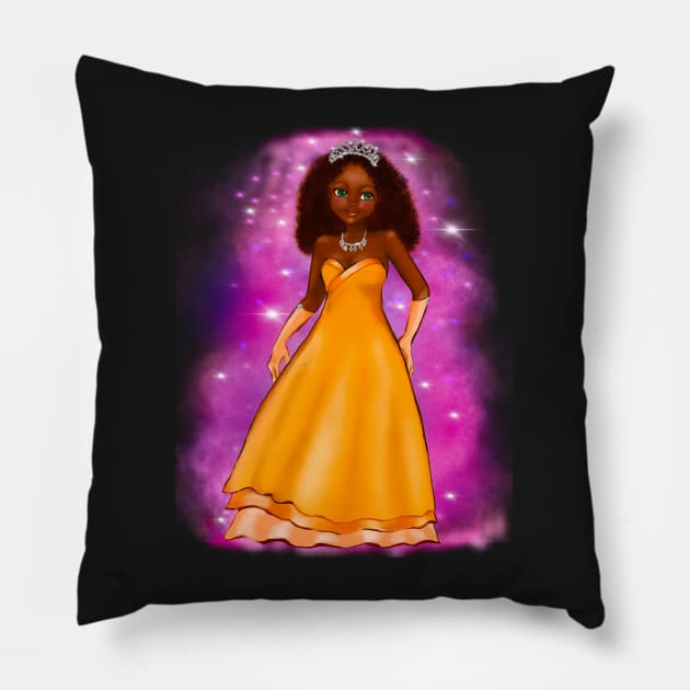 Black anime princess  ! black girl with Afro hair, green eyes, and dark brown skin. Hair love !on pink background Pillow by Artonmytee