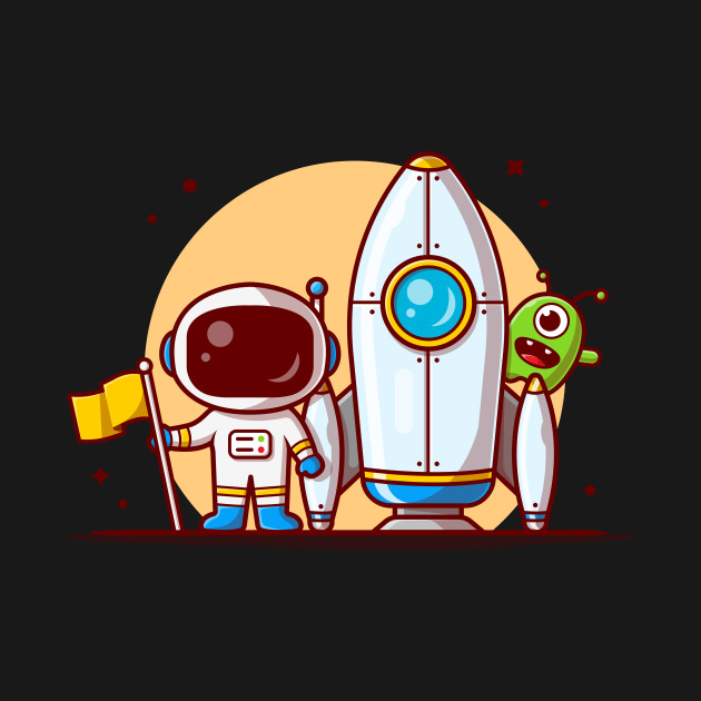 Discover Cute Astronaut Standing Holding Flag with Rocket and Cute Alien Space Cartoon Vector Icon Illustration - Astronaut - T-Shirt