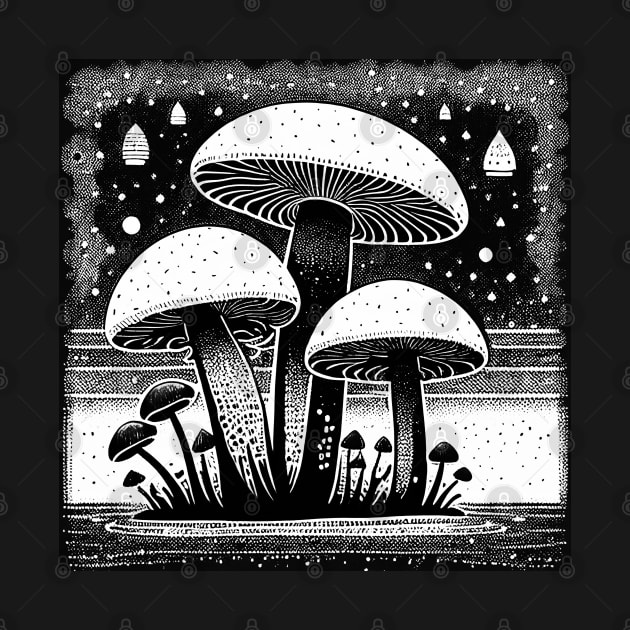 Black and White Mushroom Lino Print by Velvet Earth