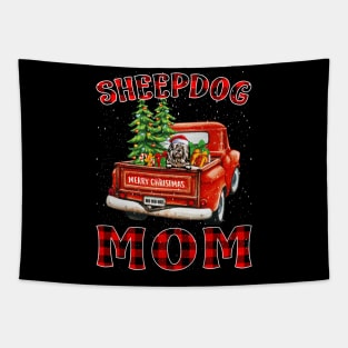 Christmas Sheepdog Mom Santa Hat Truck Tree Plaid Dog Mom Christmas Tapestry