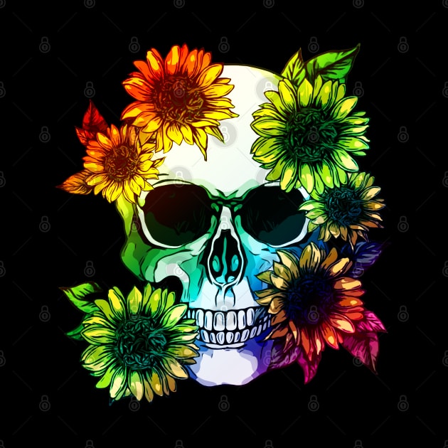 floral skull, cool skull, raimbow sunflowers skull mask face by Collagedream