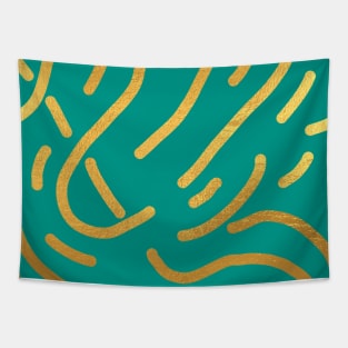 Teal Blue Gold colored abstract lines pattern Tapestry