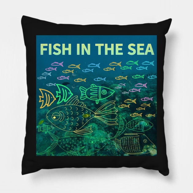 under the sea,blue sea,sea creatures,Turtle, puffer fish, starfish, shrimp, shark, tropical fish, sea horse, seaweed, sardines, squid, crabs, clams Pillow by zzzozzo