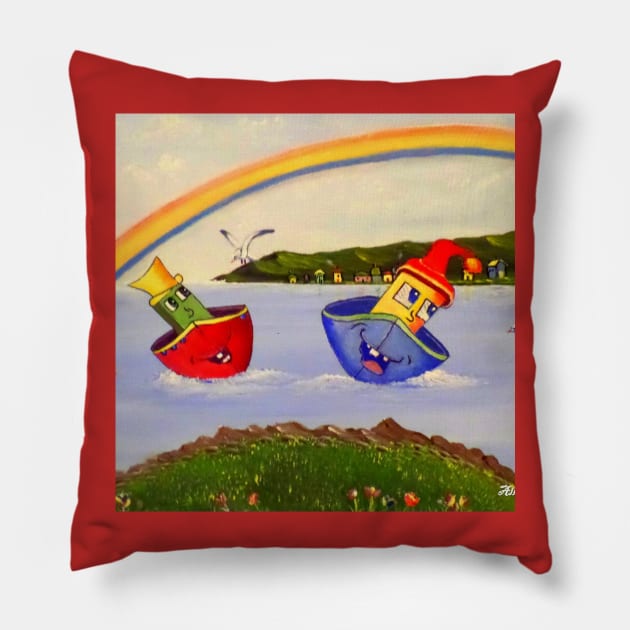 2 Happy Tugboats Pillow by Allison Prior Art