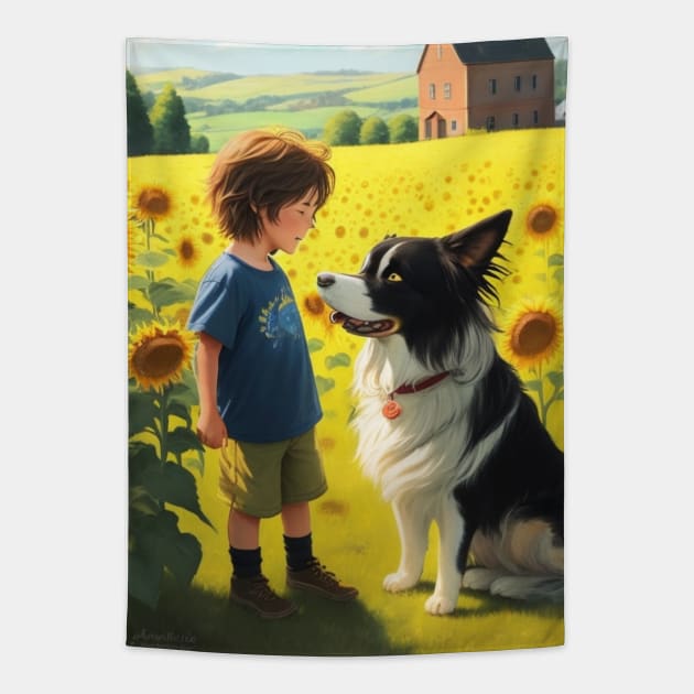 child hanging out with a dog. Tapestry by MeriemBz