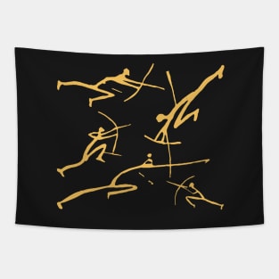 Golden Bowmen Minimalist Paleolithic Cave Art Bow Fight Tapestry