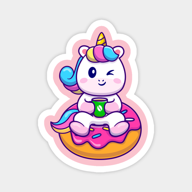 Cute Unicorn With Cofee And Doughnut Cartoon Magnet by Catalyst Labs