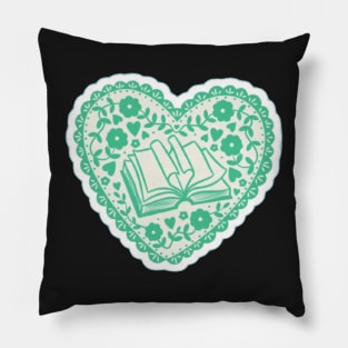 Sea Green Book in a Heart with Flowers Pillow